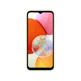 Yeşil Samsung Galaxy A14 akıllı telefon, önden görünüm; ince çerçeve ve damla çentikli ekran tasarımı
