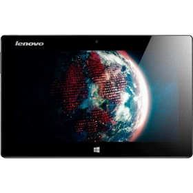 Lenovo IdeaTab Miix 10 inç siyah tablet; dünya görüntülü ekranla önden görünüm.