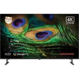 Grundig 75 GQ 750A Ultra HD 4K LED televizyon, ayaklı siyah tasarımı ve tavus kuşu tüyü görüntüsüyle