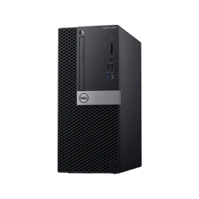Dell OptiPlex 5070 masaüstü bilgisayar, siyah kasası ve ön panel bağlantı noktalarıyla