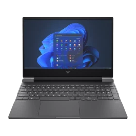 HP Victus Gaming 15-fa1082nt B03C7EA koyu gri oyuncu laptop, açık ekran ve klavye görünümü