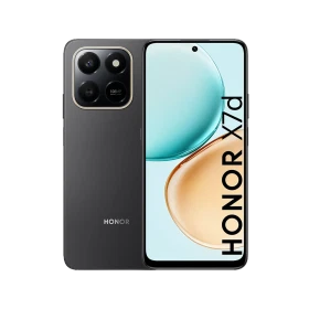 Honor X7D siyah akıllı telefon, önden ekran ve arkadan çoklu kamera modülüyle vitrin görünümü