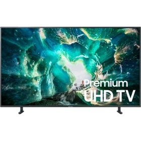 Samsung 55RU8000 Ultra HD 4K LED televizyon; Premium UHD TV arayüzlü, ekranda canlı su manzarası görünüyor.