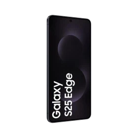 Siyah Samsung Galaxy S25 Edge akıllı telefon, ince çerçeveli ekran ve ön kamera detaylı önden görünüm