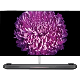 LG OLED77W7V Ultra HD 4K OLED TV, ekranda mor çiçek görseliyle vitrin ön görünüm, genel renk