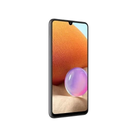 Samsung Galaxy A32 siyah akıllı telefon, önden görünüm; ince çerçeveli ekran ve damla çentik tasarımı