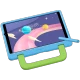 Huawei MatePad T8 Kids Edition açık mavi çocuk tablet; gezegenli ekran ve iki renkli tutacaklı koruma kılıfıyla.