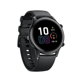 Honor MagicWatch 2 42mm siyah akıllı saat, yuvarlak ekranı ve siyah silikon kayışıyla önden görünüm
