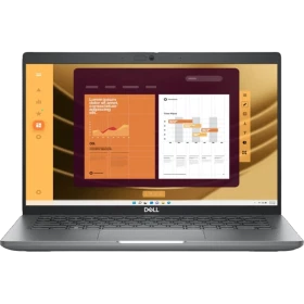 Dell Latitude 5550 iş ve ofis laptopu gri renkli, açık ekranında sunum grafikleri görünen ön görünüm