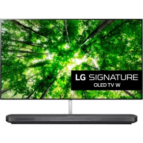 LG OLED77W8PLA Ultra HD 4K OLED TV, ağaç manzaralı ekranda canlı yeşil görüntü ile vitrin görünümü