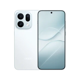Beyaz Oppo Find X10 E telefonun ön ve arka yüzünü gösteren vitrin görünümü