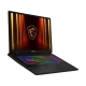 MSI Crosshair 17 HX AI D2XWGKG-017TR koyu gri oyuncu laptop, RGB ışıklı klavye ve kalkan temalı ekran görünümü