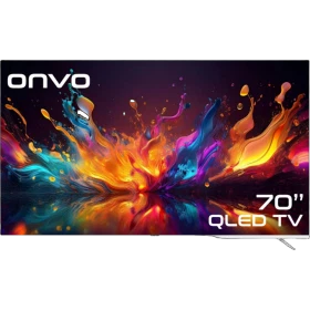 Onvo 70OVF9000UQ Ultra HD 4K QLED televizyon, renkli ekran tasarımıyla önden görünüm