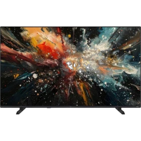 Vestel 50QT9850 Ultra HD 4K QLED televizyon, siyah çerçeveli ekranında renkli soyut görüntüyle.