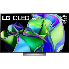 LG OLED55C34LA Ultra HD 4K OLED televizyon, siyah çerçeveli ve renkli ekran arayüzlü vitrin görseli