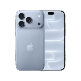 Mavi Apple iPhone 18 Pro telefonun ön ve arka yüzü, üçlü kamera sistemi ve ekranı birlikte gösteriliyor.