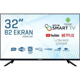 Onvo OV32F150 32 inç HD Ready Smart LED TV, ince siyah çerçeveli televizyon önden görünüm