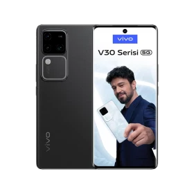Vivo v30 Lite siyah akıllı telefon, önden ekran ve arkadan kamera modülü görünümüyle vitrin çekimi