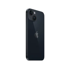 Siyah Apple iPhone 14 akıllı telefonun arka yüzü, çift kamera ve Apple logosu detaylı görünüm