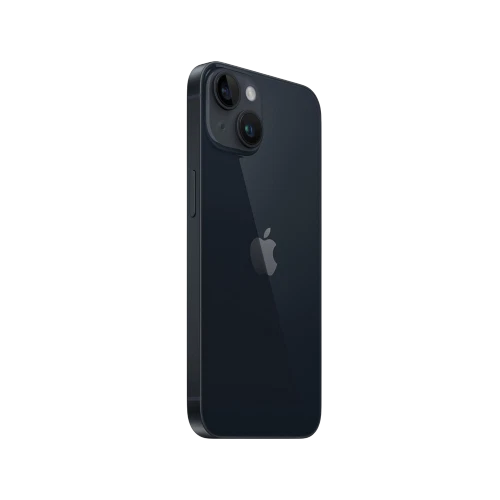 Siyah Apple iPhone 14 akıllı telefonun arka yüzü, çift kamera ve Apple logosu detaylı görünüm