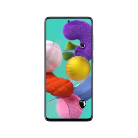 Samsung Galaxy A51 siyah akıllı telefon, ön yüz ekran tasarımı ve çerçevesiyle vitrin görünümü