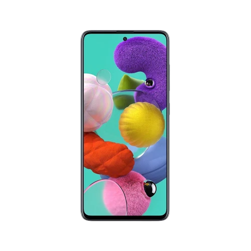 Samsung Galaxy A51 siyah akıllı telefon, ön yüz ekran tasarımı ve çerçevesiyle vitrin görünümü