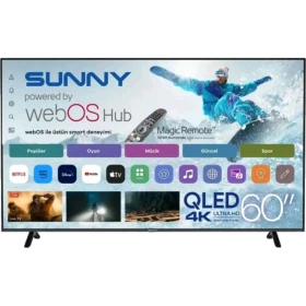 Sunny SN60QLEDM-W02M Ultra HD 4K QLED televizyon, siyah çerçeveli ekran ve iki ayaklı tasarım