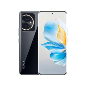 Honor 100 siyah akıllı telefonun ön ve arka görünümü, büyük ekran ve çift arka kamera modülüyle