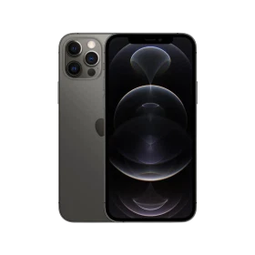 Apple iPhone 12 Pro Max siyah akıllı telefon, üçlü arka kamera ve tam ekran ön yüz tasarımıyla vitrin görünümü