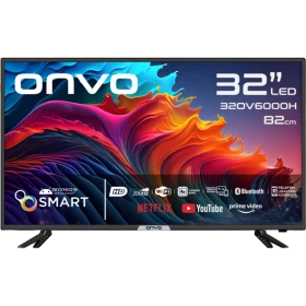 Onvo 32OV6000H HD Ready LED televizyon, siyah çerçeveli 32 inç ekran ve ayaklarıyla önden görünüm