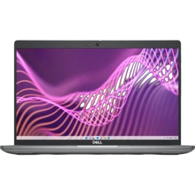 Dell Latitude 5440 ultrabook, gri renkli dizüstü bilgisayar ekranında mor dalga arayüzü görünüyor