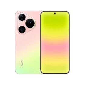 Huawei Pura 90s Pro pembe akıllı telefon, arka kamera modülü ve ön ekranı renk geçişiyle birlikte.