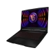 MSI Thin GF63 12VE-099XTR siyah oyuncu laptop ekranında ejderha ve RGB ışıklar, açılı görünüm.