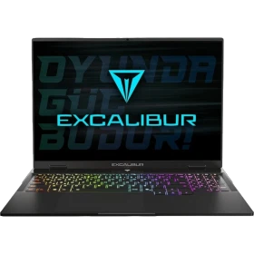 Casper Excalibur G915.240H-DF60R-C siyah oyuncu laptop, RGB aydınlatmalı klavye ve Excalibur logosu ekranı görünüyor
