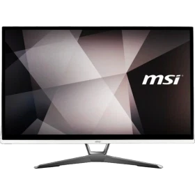 MSI PRO 22X 9M-062TR siyah masaüstü bilgisayar, geniş ekranı ve ayaklı tasarımıyla önden görünür.