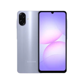 Samsung Galaxy A07 mor akıllı telefon, çift arka kamera ve geniş ekranlı ön yüz tasarımıyla önden ve arkadan görünüm