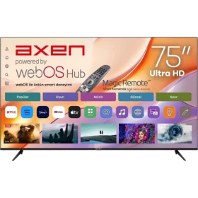 Axen AX75LEDM-W02M Ultra HD 4K LED televizyon, webOS arayüzü ve kumanda ekranıyla önden görünüm
