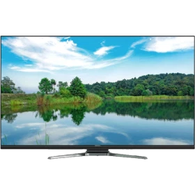 Grundig Londra 65 GCU 9805 Ultra HD 4K LED televizyon, doğa manzarası gösteren siyah ekran ve ayak tasarımı