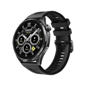 Honor Watch 6 siyah akıllı saat, yuvarlak ekranı ve silikon kordonuyla üç çeyrek açıdan görünür.