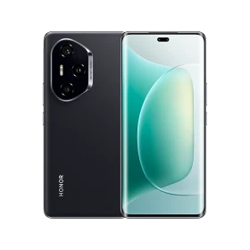 Honor 300 Pro siyah akıllı telefon, ön ekran ve arka kamera modülüyle vitrin görünümü