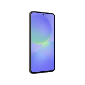 Siyah Samsung Galaxy A36 akıllı telefonun önden görünümü, geniş ekran ve merkezde ön kamera deliği
