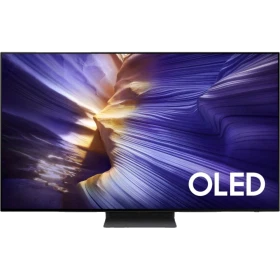 Samsung 83S90F Ultra HD 4K OLED televizyon ekranında mor ışık dalgaları, genel renk vitrin görünümü