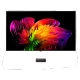 LG OLED83W69LA Ultra HD 4K TV, siyah ekranı ve beyaz standında renkli soyut görüntüyle sergileniyor