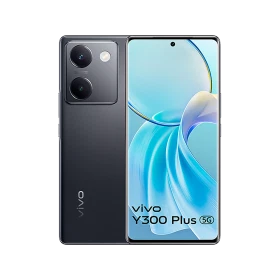 Vivo Y300 Plus 5G siyah akıllı telefon, ön ekran ve arka çift kamera tasarımıyla vitrin görünümü