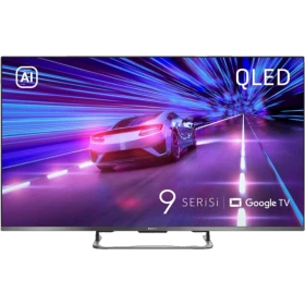 Arçelik A 955 C AI Ultra HD 4K QLED televizyon, siyah çerçeveli ekranında araba yarış sahnesiyle gösteriliyor.