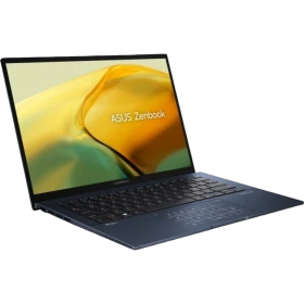Asus Zenbook 14 UX3402VA-KP659W koyu mavi ultrabook laptop, açık ekran ve klavyeyle vitrin görünümü