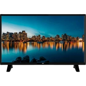 SEG 32SBH710 HD Ready LED televizyon, siyah çerçeveli ve ayaklı tasarım, şehir manzarası ekranı