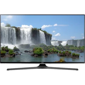 Samsung 55J6289 Full HD LED TV, şelale manzaralı ekranda, siyah standlı vitrin görünümü