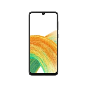 Samsung Galaxy A33 siyah akıllı telefonun önden görünümü, çerçeveli ekran ve damla çentik tasarımı