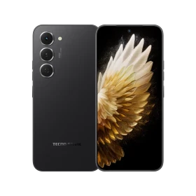 Tecno Spark 40 Pro siyah akıllı telefon, ön ekran ve üçlü arka kamera tasarımıyla vitrin görünümü